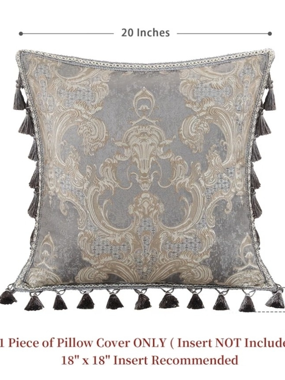 Luxury Gray and Tan Tassel Damask Pillow Cover